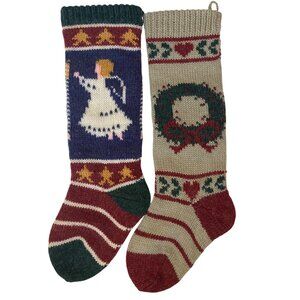 Vintage Hand Knit Christmas Stocking Set of 2 Angel Wreath Design 20"